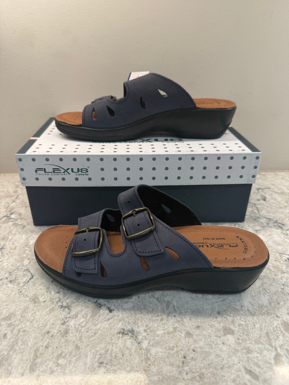 FLEXUS by Spring Step Genuine Leather Women's Comfort Sandals Dark Blue Sz 37 EU